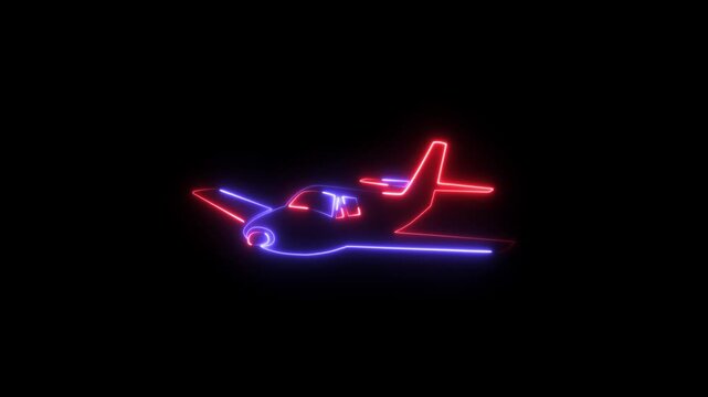 Neon glowing airplane icon animation on black background. 4k video