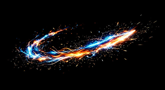 Vibrant energy sword slash effect with neon blue lightning and golden fire sparks isolated on pure black background. Magical power arc overlay.