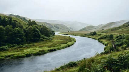 Naklejka premium Serene River Running Through Lush Green Hills and Misty Mountains