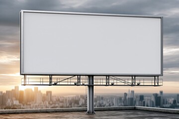 Fototapeta premium Blank billboard with a cityscape and dramatic cloudy sky at sunset, perfect for advertising.