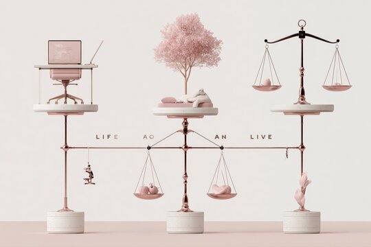 Conceptual balance of life elements: work, nature, and well-being represented by scales and symbolic objects.