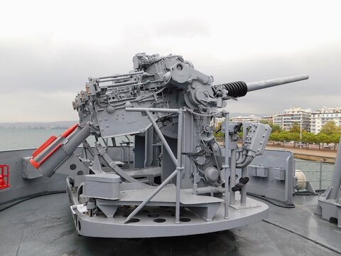 Thessaloniki, Greece, December 10, 2021. Twin, 3 inch, Anti Aircraft guns, of a Fletcher class, World War II, destroyer