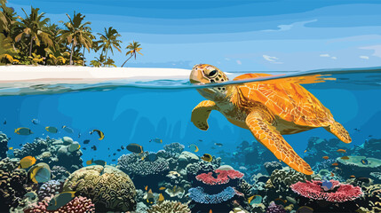 sea, turtle, swimming, underwater, coral, reef, tropical, beach, palm, trees, ocean, vector, illustration, marine, life, split, view, nature, summer, vacation © Mdjoshel 