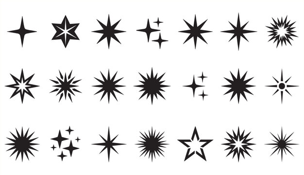 Minimalist silhouette stars icon, twinkle star shape symbols. Modern geometric elements, shining star icons, abstract sparkle black silhouettes symbol vector set