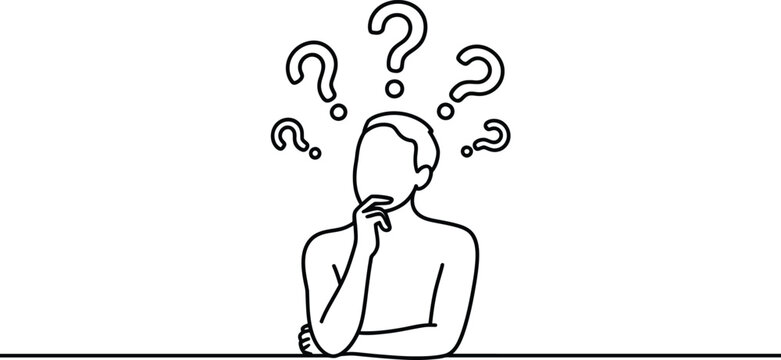Confused man, thinking face, question marks, line art, vector illustration, puzzled expression