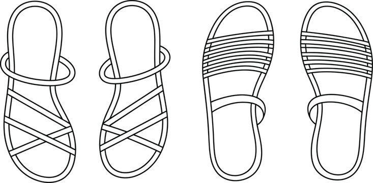 Sandals, strappy flat shoes, women's footwear, line art icons, minimalist designs