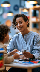 Fototapeta premium Wide shot of a child seated at a low table in a bright therapy room a speech therapist seated across from them holding picture cards and engaging the child in a structured