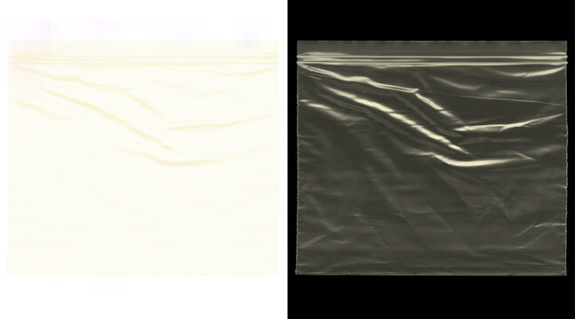 Transparent plastic texture, wrinkled polyethylene wrap on black and white background, clear poly bag material for design overlays and product packaging