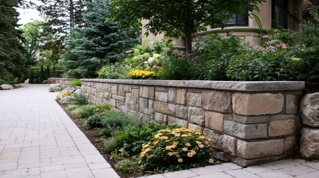 Stone Retaining Wall with Landscaped Garden and Paver Walkway