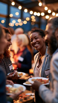 Wide shot of business professionals mingling around food and beverage stations in a bright contemporary event space name badges visible small groups engaged in animated