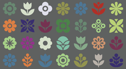 Mid century modern floral elements. colorful geometric flowers, abstract tulips, botanical leaves. for vintage textile patterns, boho style fabric prints. flat scandinavian folk vector art. © ARTIST LAB