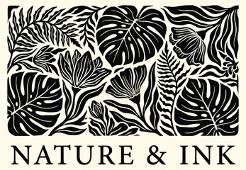 Tropical botanical linocut leaf illustration. black monstera leaves, fern, exotic flowers, nature and ink text. for organic cosmetics branding, boho wall decor. vintage block print vector. © ARTIST LAB