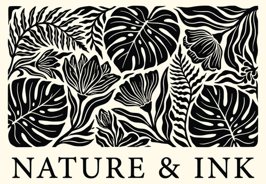 Tropical botanical linocut leaf illustration. black monstera leaves, fern, exotic flowers, nature and ink text. for organic cosmetics branding, boho wall decor. vintage block print vector.