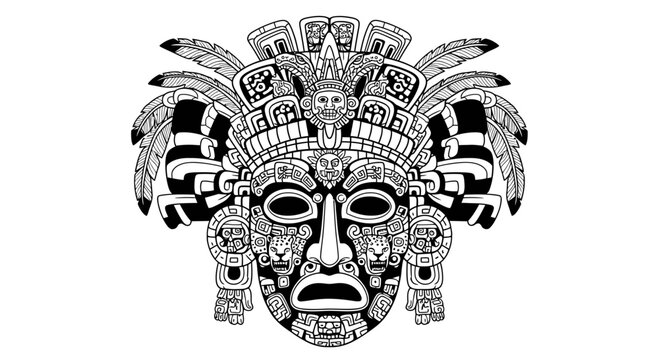 Intricate Aztec mask illustration depicts ancient tribal warrior face with cultural heritage in black and white