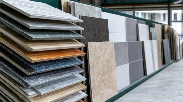 Variety of floor and wall tile samples displayed in a modern showroom or home improvement store