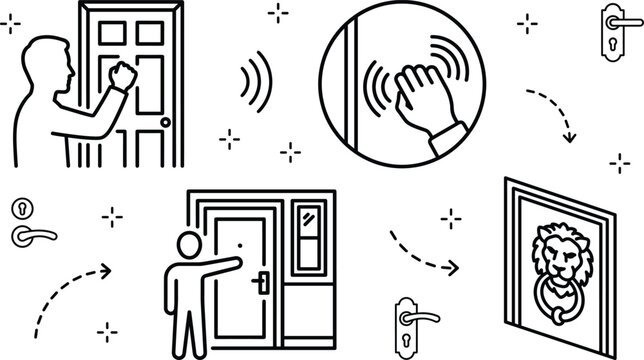Door Knocker and Entryway Security Icon Set Featuring Hand Knocking Lion Head Knocker Handles and Doorbells