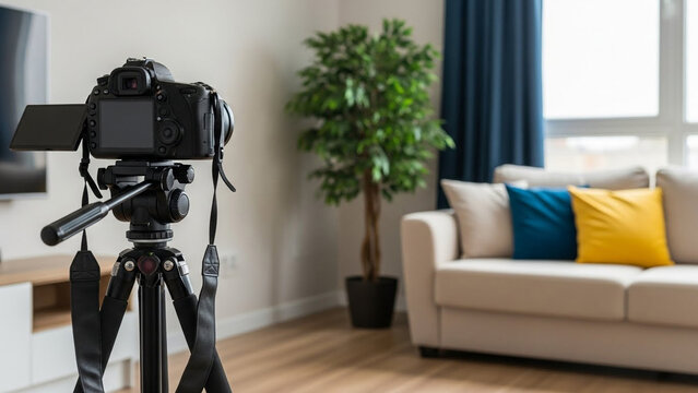 Professional camera setup on tripod in a modern living room with a comfortable couch and potted plant indoors.