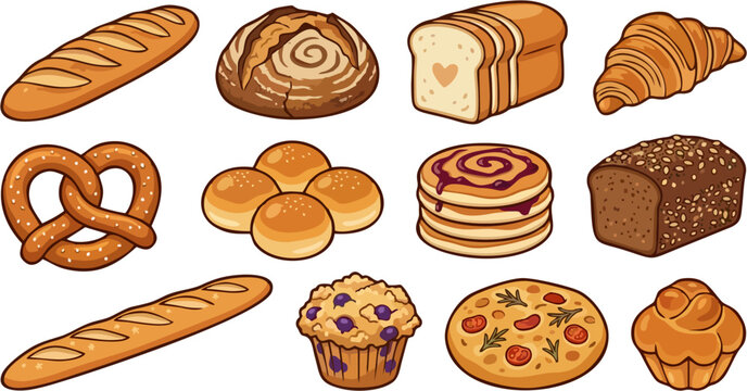 Bakery Bread and Pastry Collection Set &mdash; Baguette Croissant Pretzel Muffin Cartoon Vector Illustration