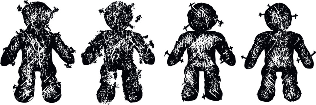spooky voodoo dolls with pins stuck in them in black silhouette on white background