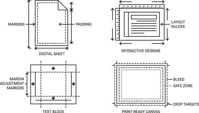 Page Layout and Typography Specifications Icon Set Featuring Margins Bleed Rulers Crop Targets and Safe Zones