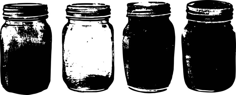 Four vintage glass jars isolated on white background with rustic texture and shadow details