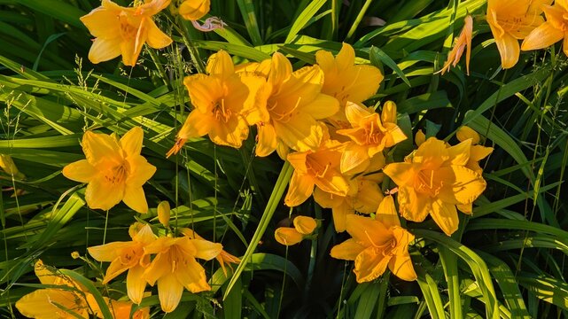 Natural background of large yellow daylily flowers in abundance.