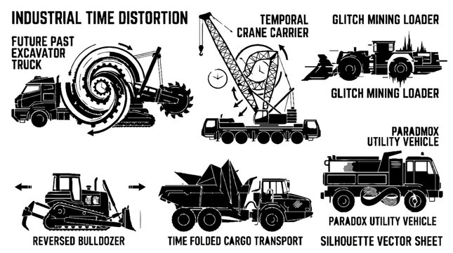 Industrial Time Distortion Construction Machinery Vector Silhouette Set.