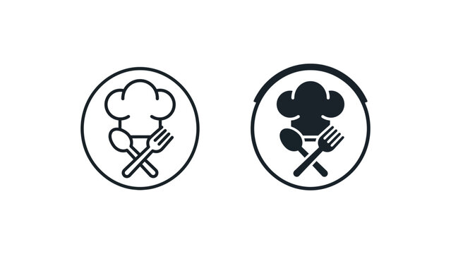 Chef hat icon with crossed spoon and fork in circle for culinary or restaurant branding.