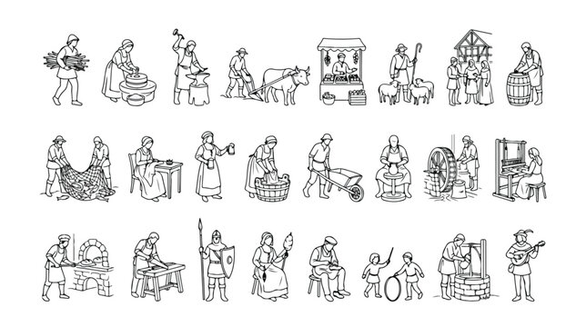 Medieval village life icons set, vintage middle ages people working and daily activities vector, historical peasant occupations and trades illustrations