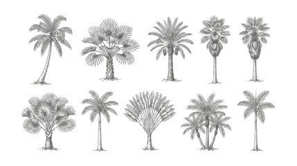 Vintage palm tree sketches, set of 10 hand drawn tropical botanical illustrations, antique engraved style palm trees for summer design © Alea_John