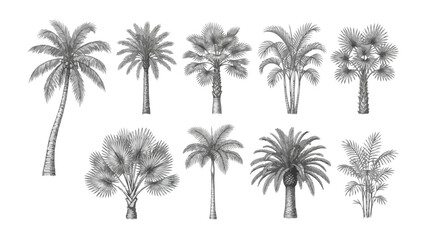 Obraz premium Vintage palm tree sketches, set of 10 botanical vector illustrations, antique tropical plant engravings for summer branding and packaging design