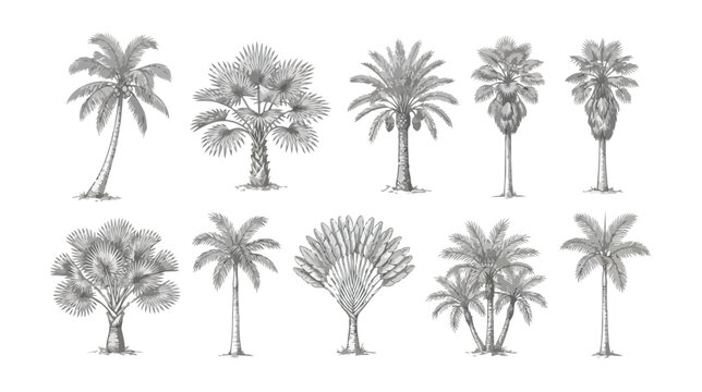 Vintage palm tree sketches, set of 10 hand drawn tropical botanical illustrations, antique engraved style palm trees for summer design