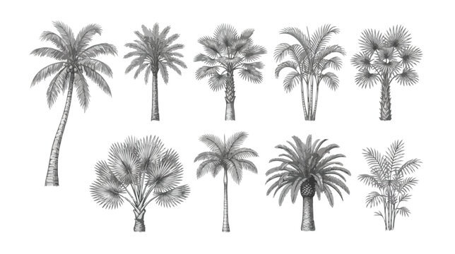 Vintage palm tree sketches, set of 10 botanical vector illustrations, antique tropical plant engravings for summer branding and packaging design