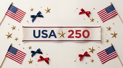 Fototapeta premium Semiquincentennial 250th birthday united states event banner with festive ribbons and flags semiquincentennial anniversary independence milestone
