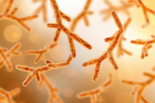 Microscopic view of branching bacterial rods with fuzzy outer layer, scientific illustration