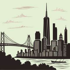 Fototapeta premium Urban city skyline with suspension bridge and river view bridge design buildings architecture metropolis skyscraper
