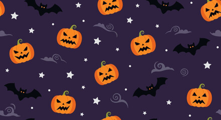 Fototapeta premium Spooky Halloween Pattern with Jack-o'-lanterns, Bats, and Stars on a Dark Purple Background