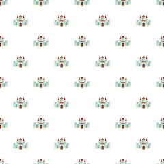 Naklejka premium Repeating cartoon castles creating a light blue and red fairytale pattern