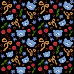 Fototapeta premium Cute bear seamless pattern with black color background 
