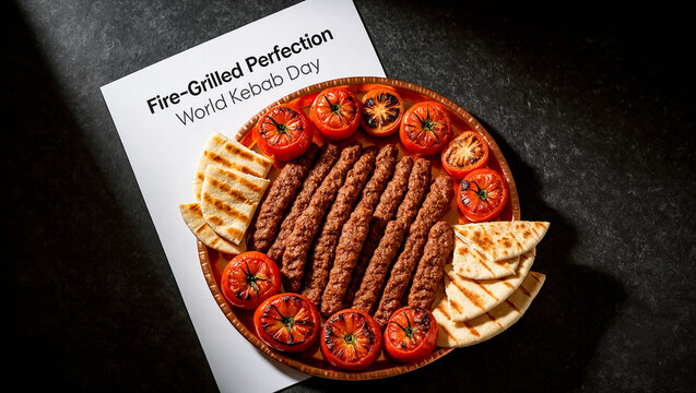 Poster for World Kebab Day with Fire-Grilled Perfection lettering next to a plate of grilled meat and tomatoes.