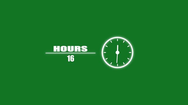 Countdown timer graphic with animated clock showing decreasing hours from thirty to two on green background, motion graphic footage.
