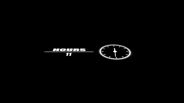 Countdown timer animation featuring decreasing hourly numerical values alongside a spinning clock hand graphic for professional digital broadcast interface needs.