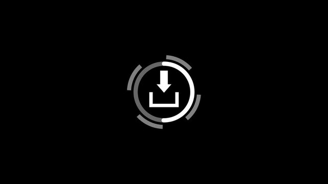 Abstract download progress animation featuring white arrow pointing down within rotating segmented circular HUD elements against deep black background clip.