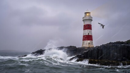 Obraz premium Ocean waves crashing against rocky shoreline with lighthouse and seagull in stormy weather