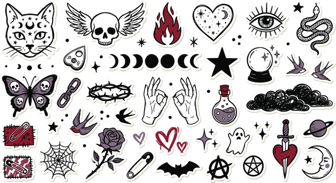 Black and white occult and gothic tattoo style icons collection