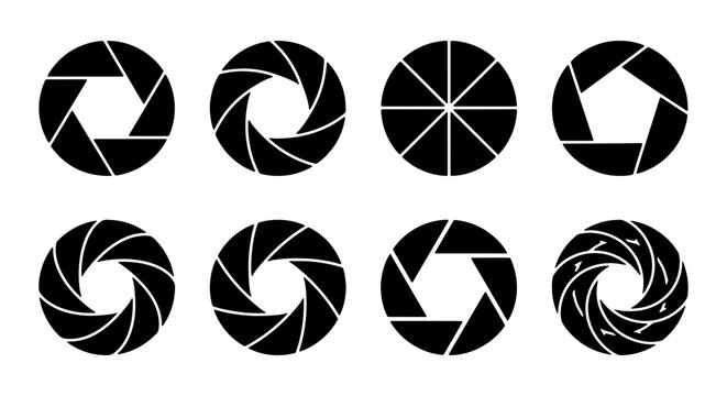 Camera Aperture Icons Set, Photography Diaphragm Blades, Abstract Circular Photo Symbols, Graphic Design Elements