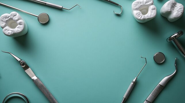 Close-up aerial view of dental tools and white molar tooth models on a teal background for stomatology concepts