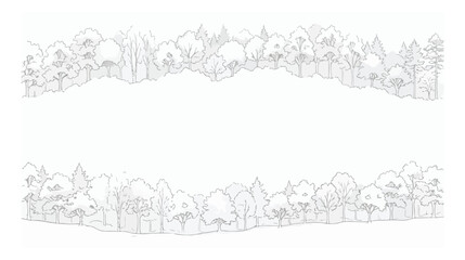 Hand drawn forest border vector, minimalist tree line sketch frame, black and white woodland landscape illustration for nature stationery © Alea_John