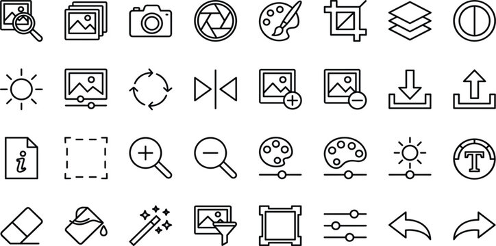 Photography and Photo Editing Software Line Icon Set Featuring Camera Tools Graphic Adjustments and Interface Symbols for Creative Mobile Apps
