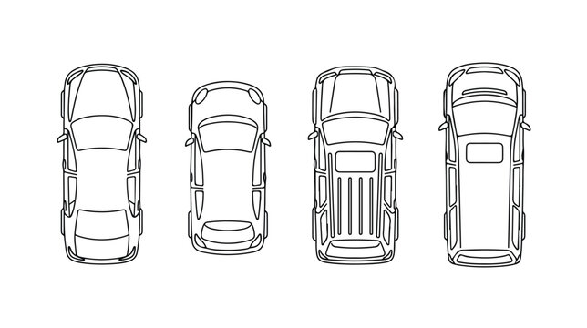 Minimalist car top view vector icons, set of 4 vehicle outline illustrations including sedan and SUV, overhead automotive blueprints for architectural site plans